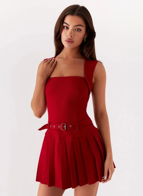 Justina Belted Mini Dress - Red